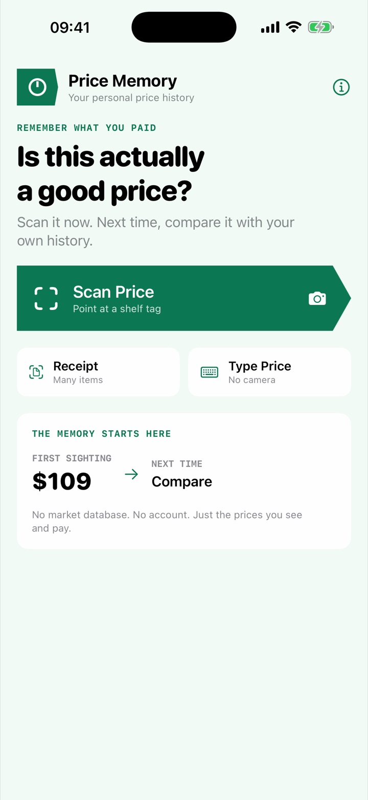 Price Memory iPhone home screen with Scan Price, Receipt, and Type Price actions