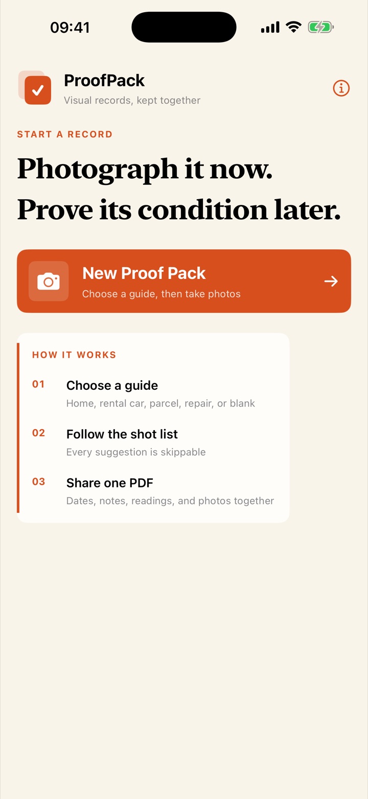 ProofPack iPhone home screen with a New Proof Pack action and guided workflow